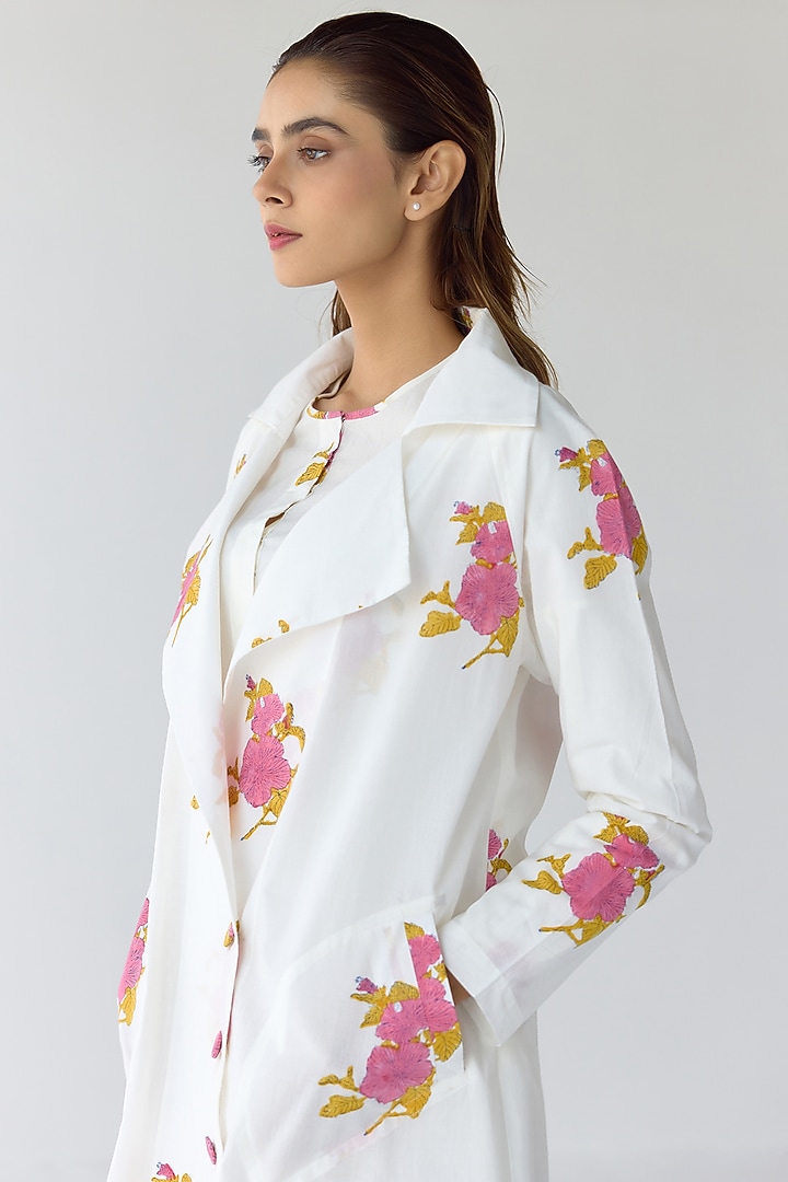 White Cotton Hand Block Printed Jacket Vacation Dress by Cotton and Clay at Pernia's Pop Up Shop