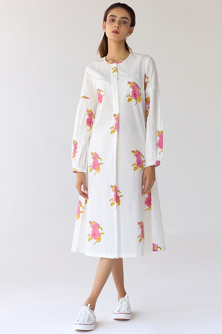 White Cotton Hand Block Printed Tunic Dress by Cotton and Clay at Pernia's Pop Up Shop