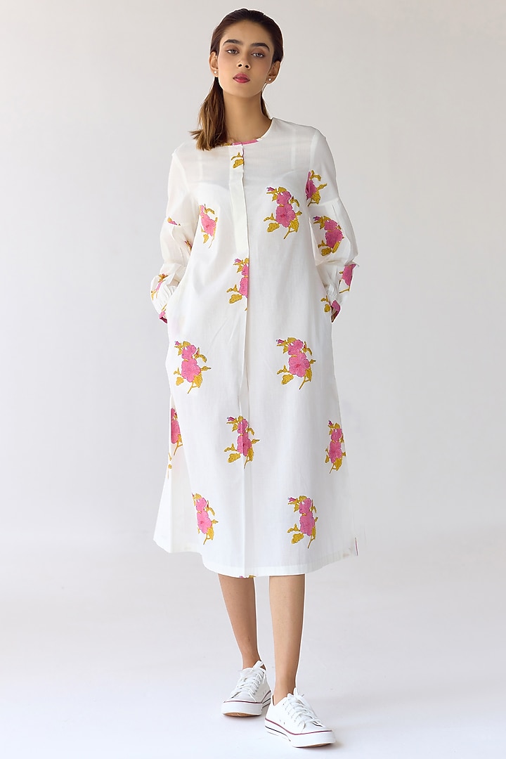White Cotton Hand Block Printed Tunic Summer Dress by Cotton and Clay at Pernia's Pop Up Shop
