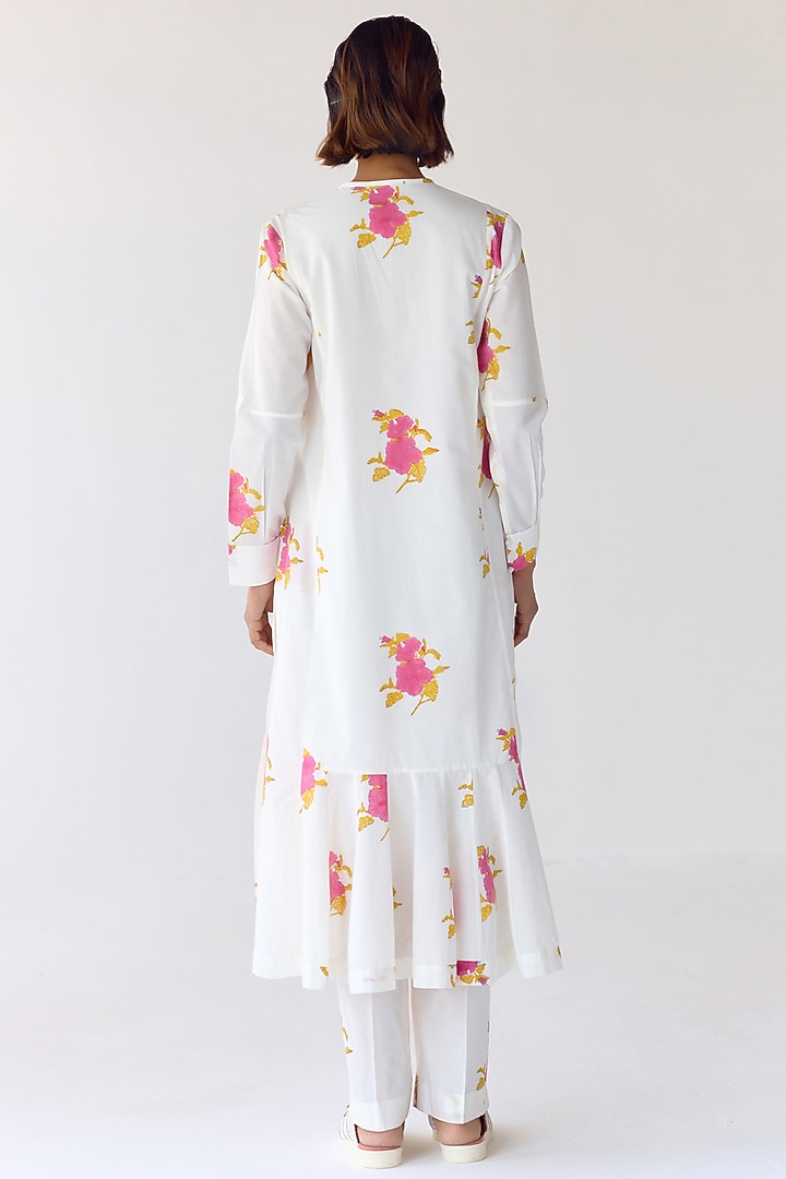 White Cotton Hand Block Printed Flared Kurta Set by Cotton and Clay at Pernia's Pop Up Shop