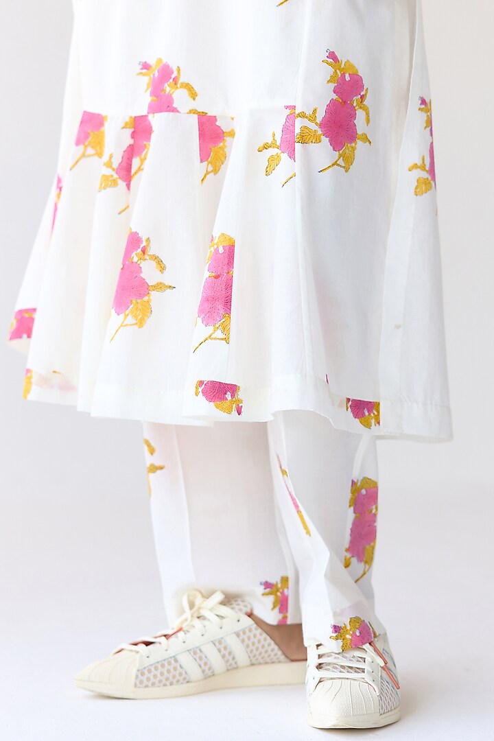 White Cotton Hand Block Printed Flared Kurta Set by Cotton and Clay at Pernia's Pop Up Shop