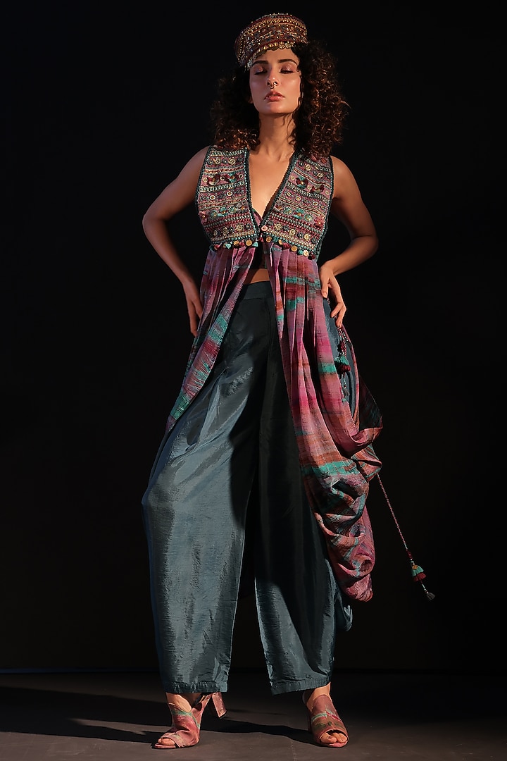 Purple & Turquoise Habutai Silk Tie-Dye Cowl Cape Set by Capisvirleo at Pernia's Pop Up Shop