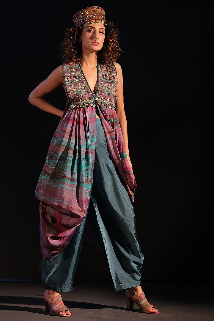 Purple & Turquoise Habutai Silk Tie-Dye Cowl Cape Set by Capisvirleo at Pernia's Pop Up Shop