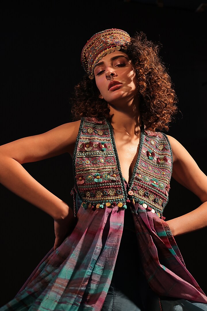 Purple & Turquoise Habutai Silk Tie-Dye Cowl Cape Set by Capisvirleo at Pernia's Pop Up Shop