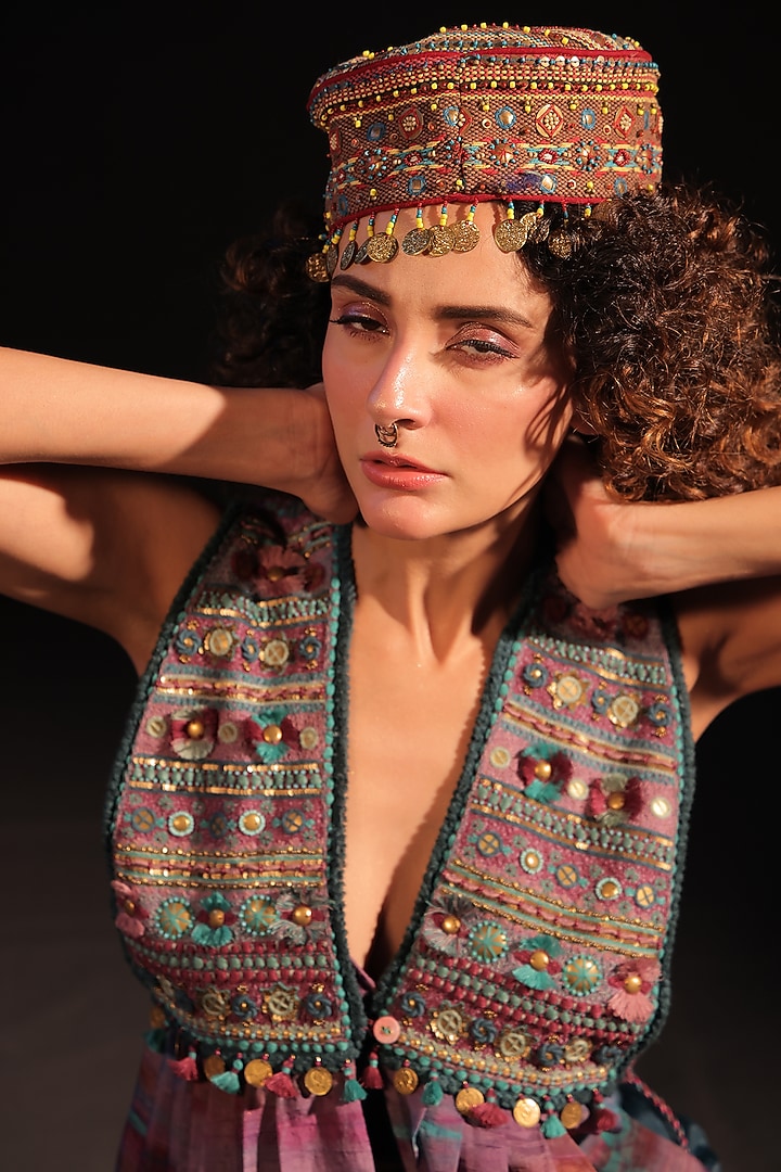 Purple & Turquoise Habutai Silk Tie-Dye Cowl Cape Set by Capisvirleo at Pernia's Pop Up Shop