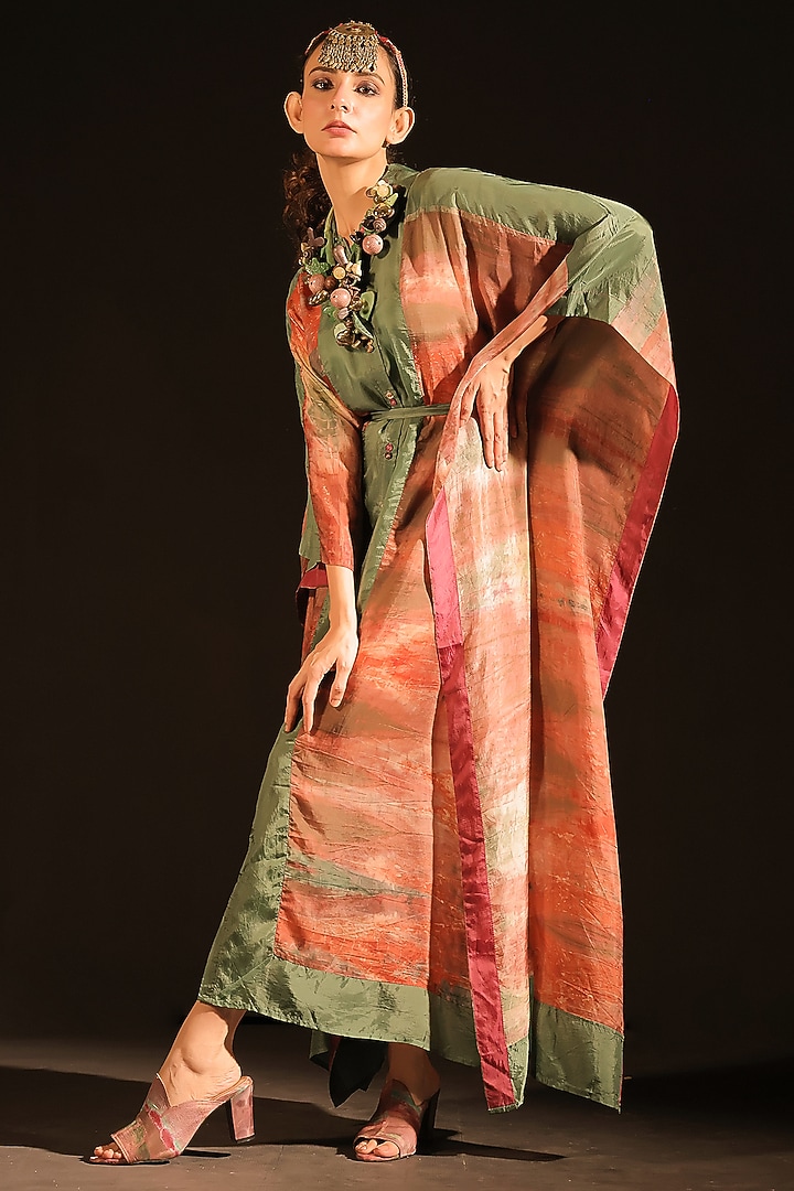 Rust & Sage Green Habutai Silk Front-Open Kaftan by Capisvirleo at Pernia's Pop Up Shop