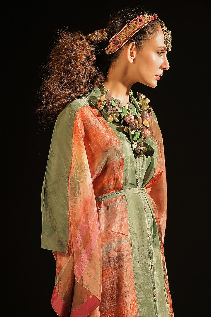 Rust & Sage Green Habutai Silk Front-Open Kaftan by Capisvirleo at Pernia's Pop Up Shop