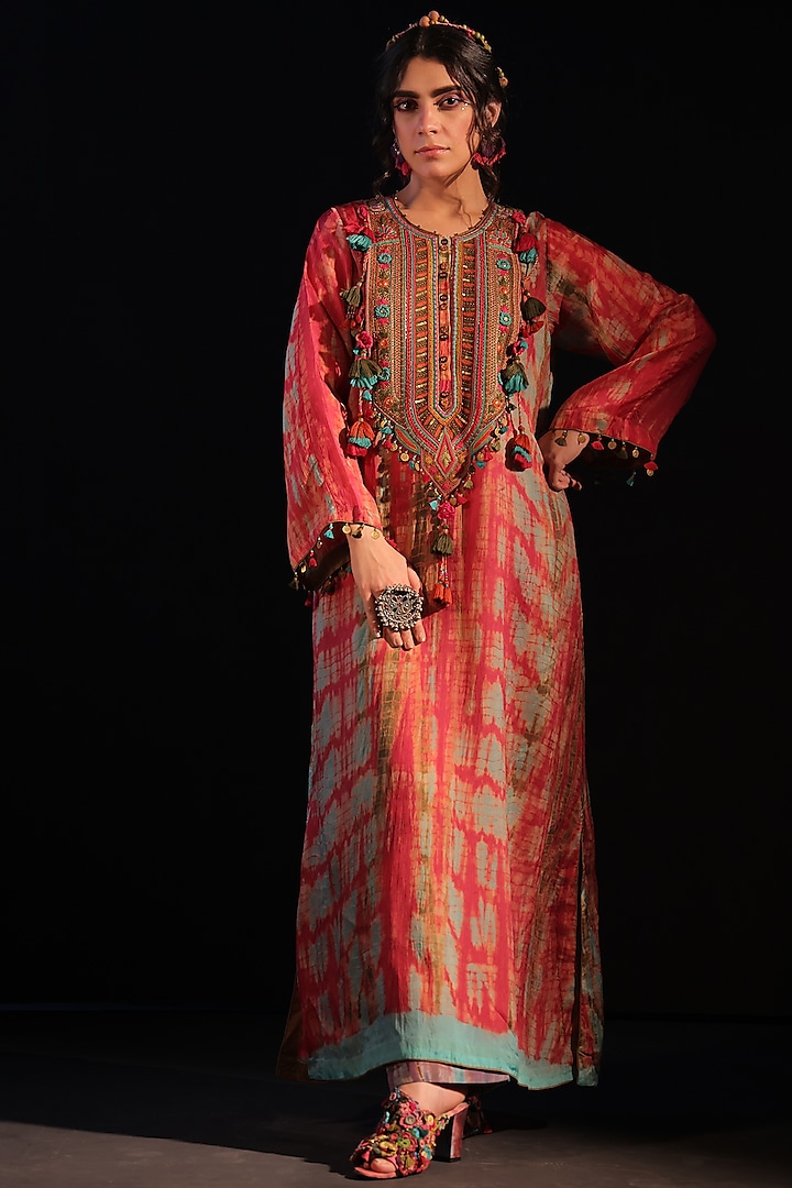 Fuchsia Habutai Silk Hand Embroidered A-Line Maxi Dress by Capisvirleo