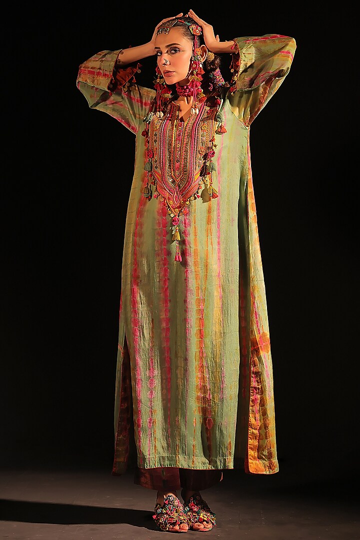 Sage Green Habutai Silk Hand Embroidered A-Line Maxi Dress by Capisvirleo