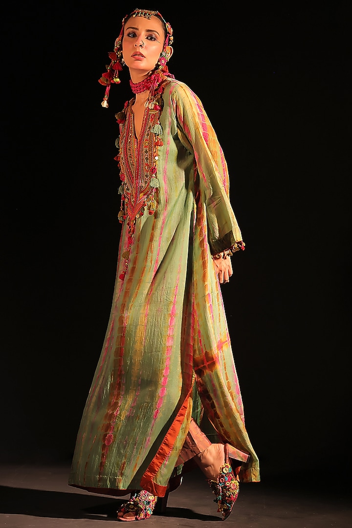 Sage Green Habutai Silk Hand Embroidered A-Line Maxi Vacation Dress by Capisvirleo at Pernia's Pop Up Shop