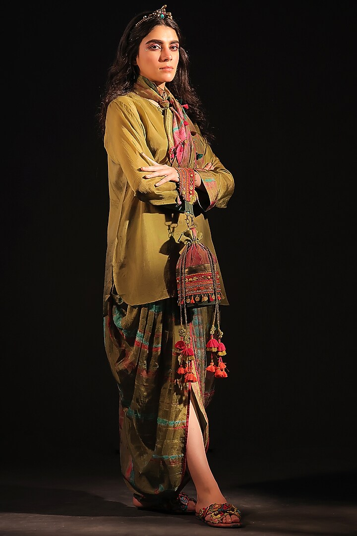 Olive Green & Rust Habutai Silk Tie-Dye Dhoti Set by Capisvirleo at Pernia's Pop Up Shop