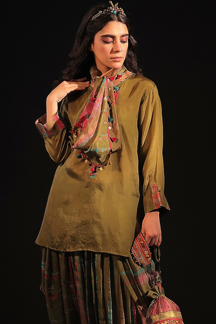 Olive Green & Rust Habutai Silk Tie-Dye Dhoti Set by Capisvirleo at Pernia's Pop Up Shop