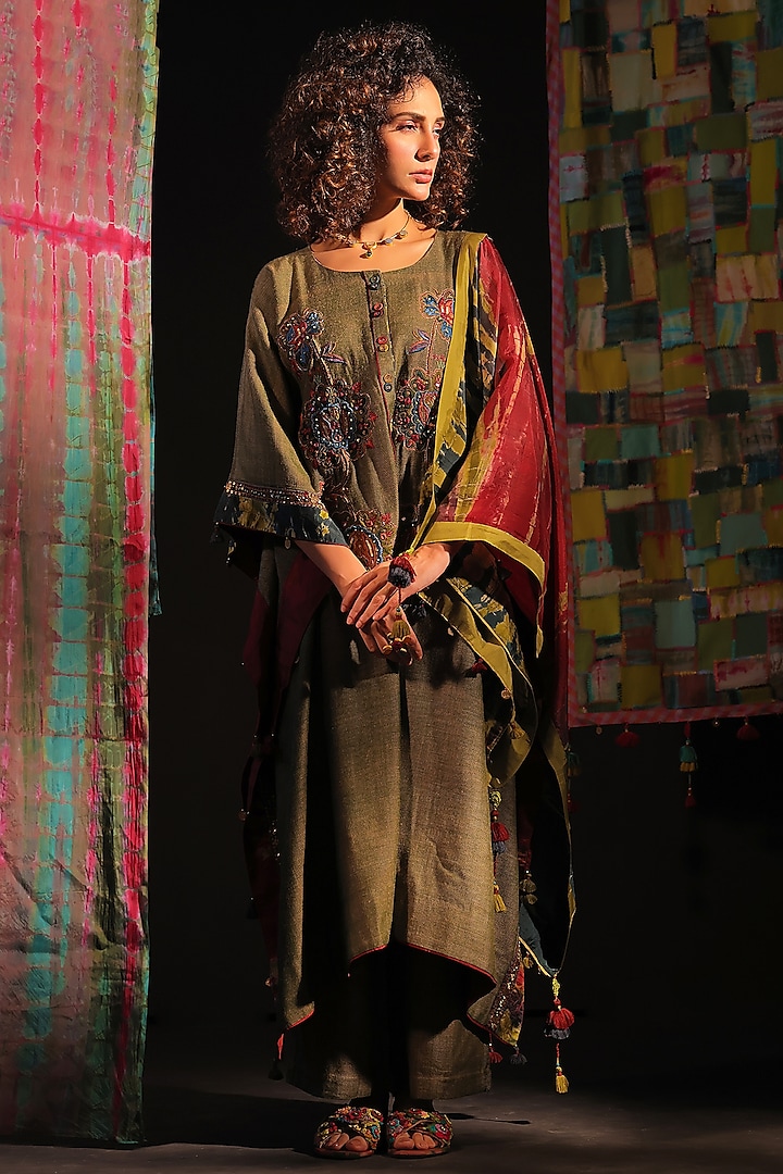 Olive Green Wool Patchwork Hand Embroidered Kaftan Set by Capisvirleo