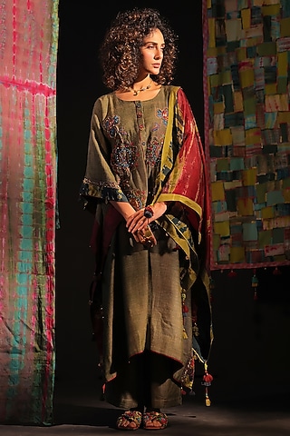 Olive Green Wool Patchwork Hand Embroidered Kaftan Set by Capisvirleo