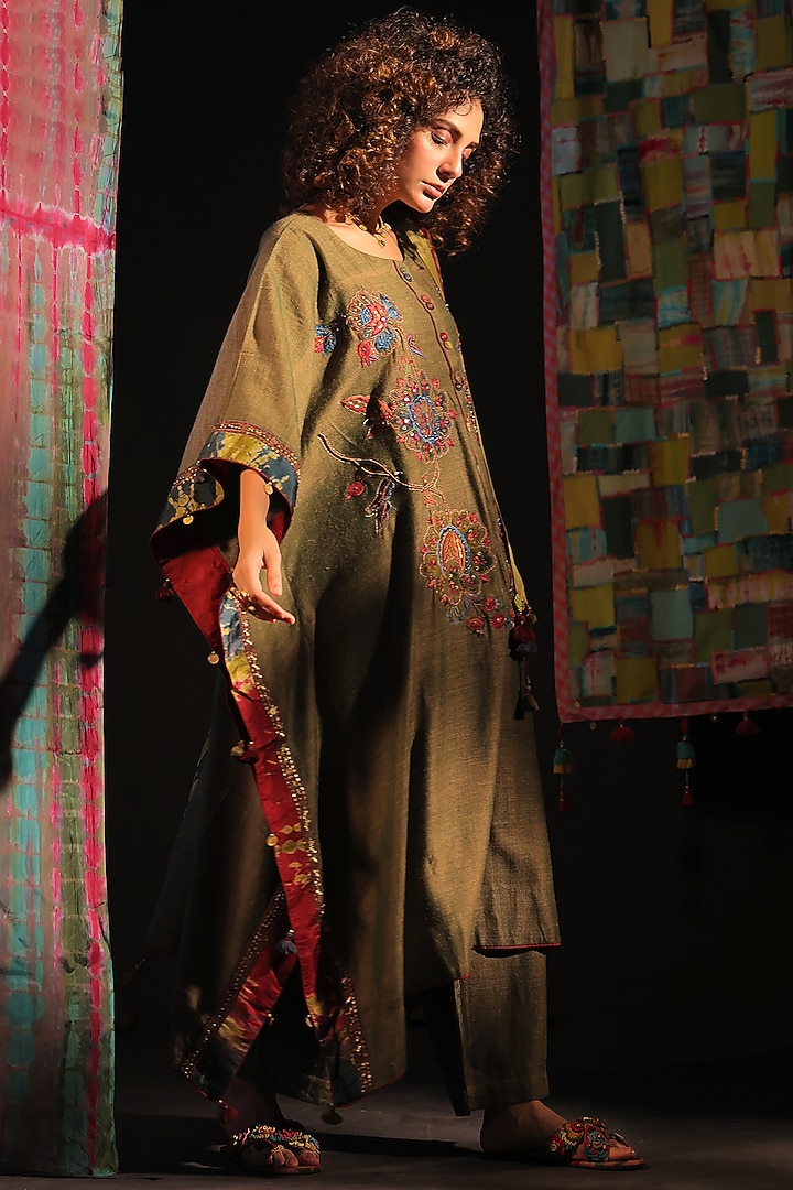 Olive Green Wool Patchwork Hand Embroidered Kaftan Set by Capisvirleo at Pernia's Pop Up Shop