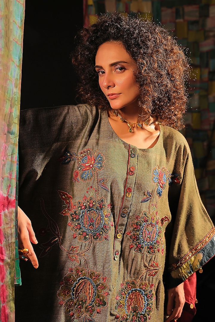 Olive Green Wool Patchwork Hand Embroidered Kaftan Set by Capisvirleo at Pernia's Pop Up Shop