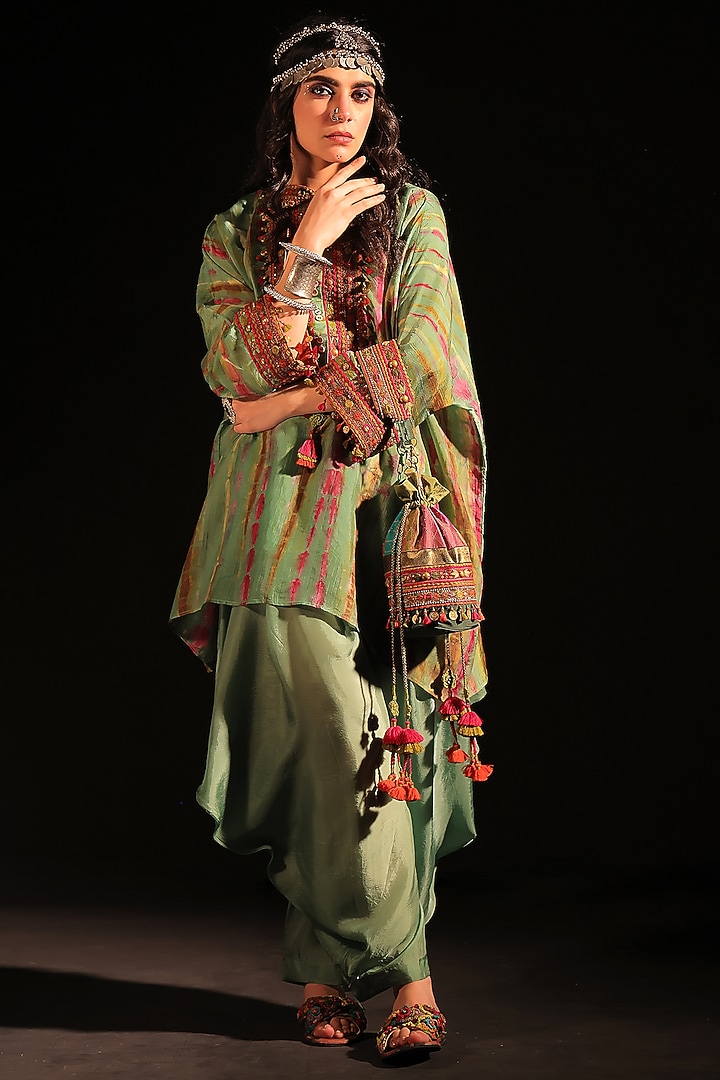 Sage Green Habutai Silk Hand Embroidered Kaftan Set by Capisvirleo at Pernia's Pop Up Shop