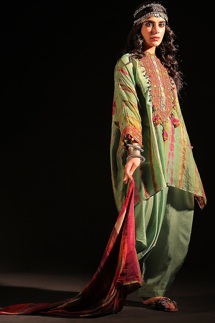 Sage Green Habutai Silk Hand Embroidered Kaftan Set by Capisvirleo at Pernia's Pop Up Shop