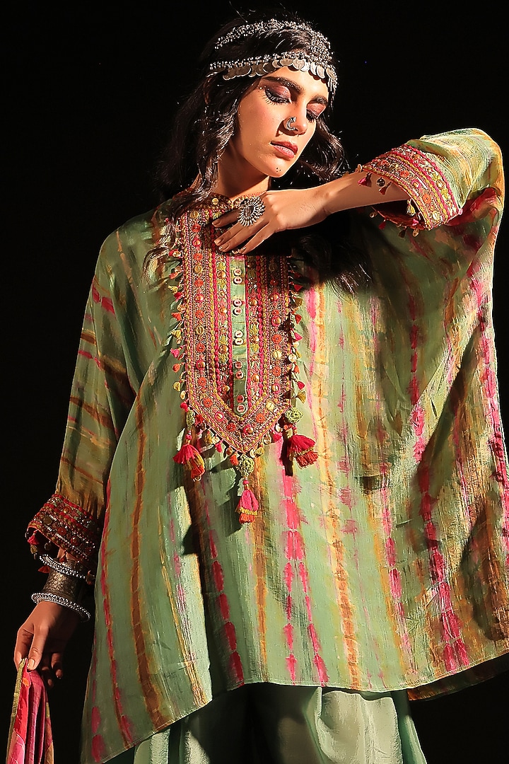 Sage Green Habutai Silk Hand Embroidered Kaftan Set by Capisvirleo at Pernia's Pop Up Shop