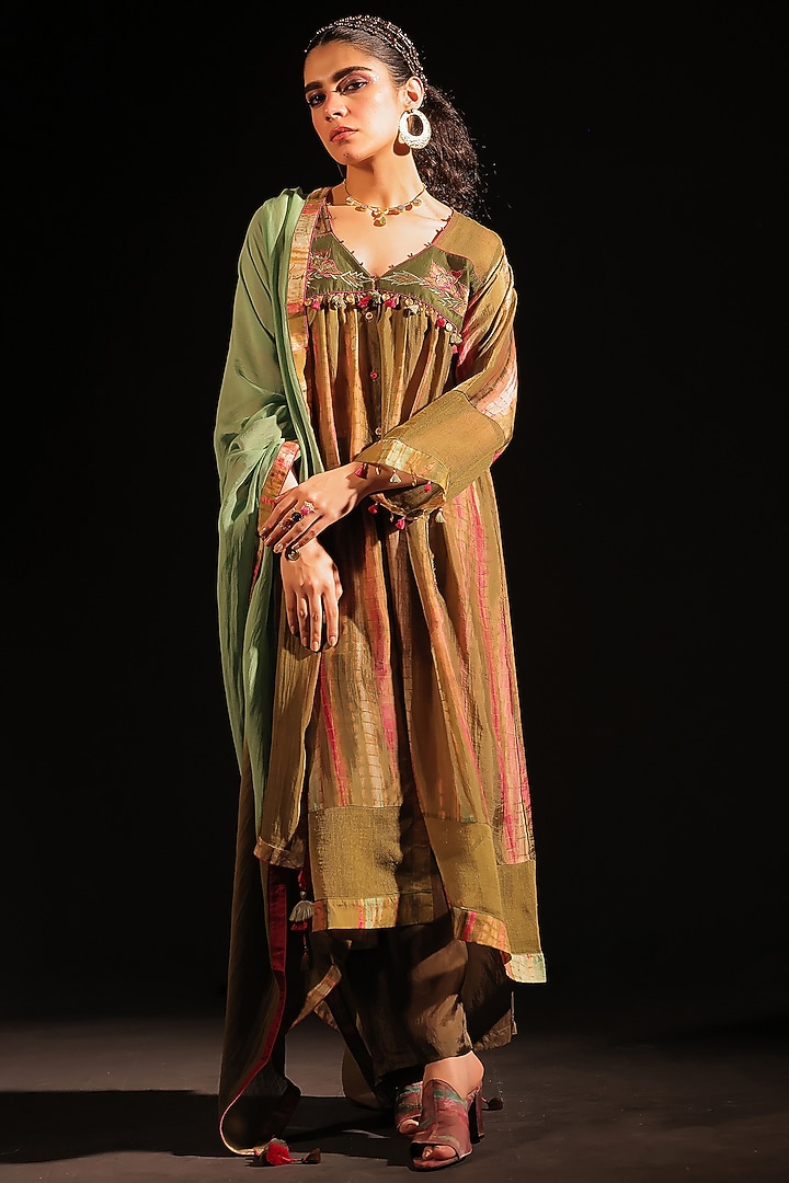 Olive Habutai Silk Patchwork Gathered Tunic Set by Capisvirleo at Pernia's Pop Up Shop