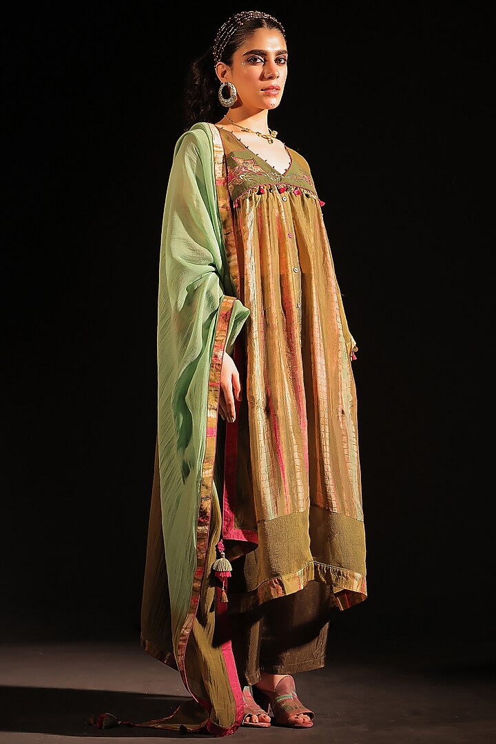 Olive Habutai Silk Patchwork Gathered Tunic Set by Capisvirleo at Pernia's Pop Up Shop
