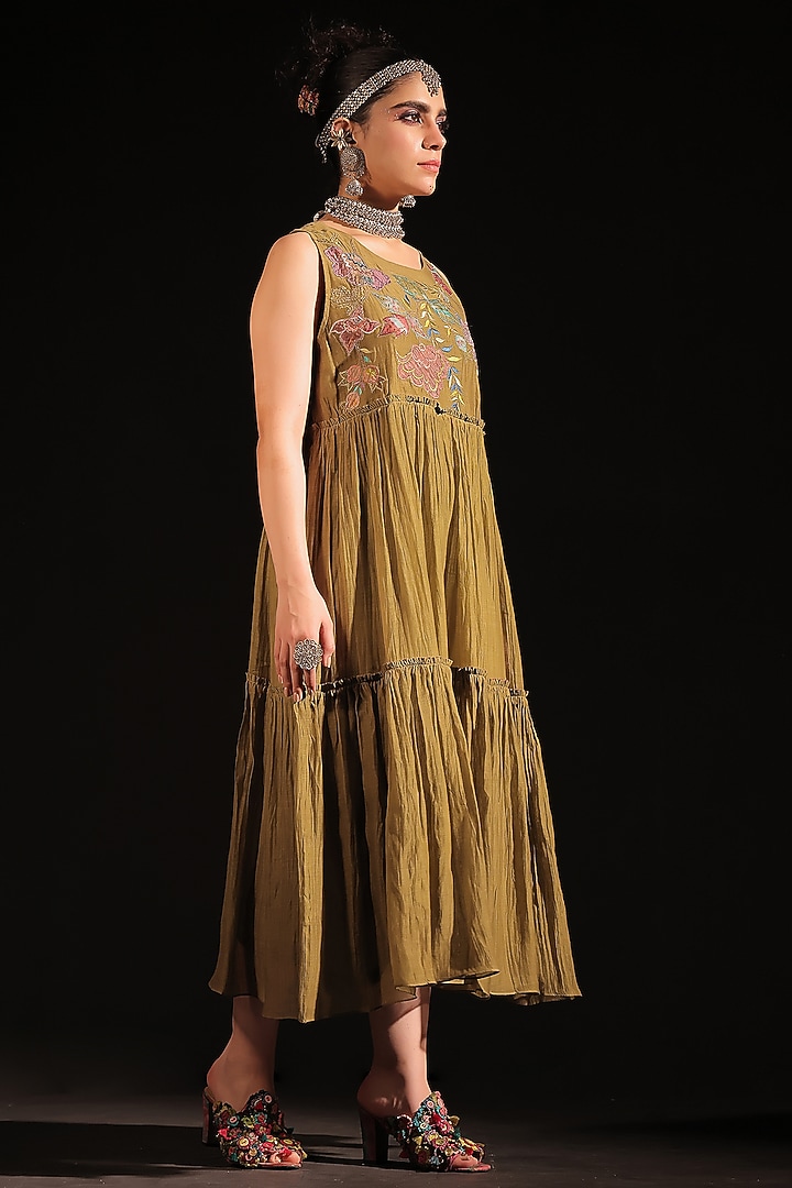 Olive Chanderi Silk Patchwork Embroidered Gathered Midi Vacation Dress by Capisvirleo at Pernia's Pop Up Shop