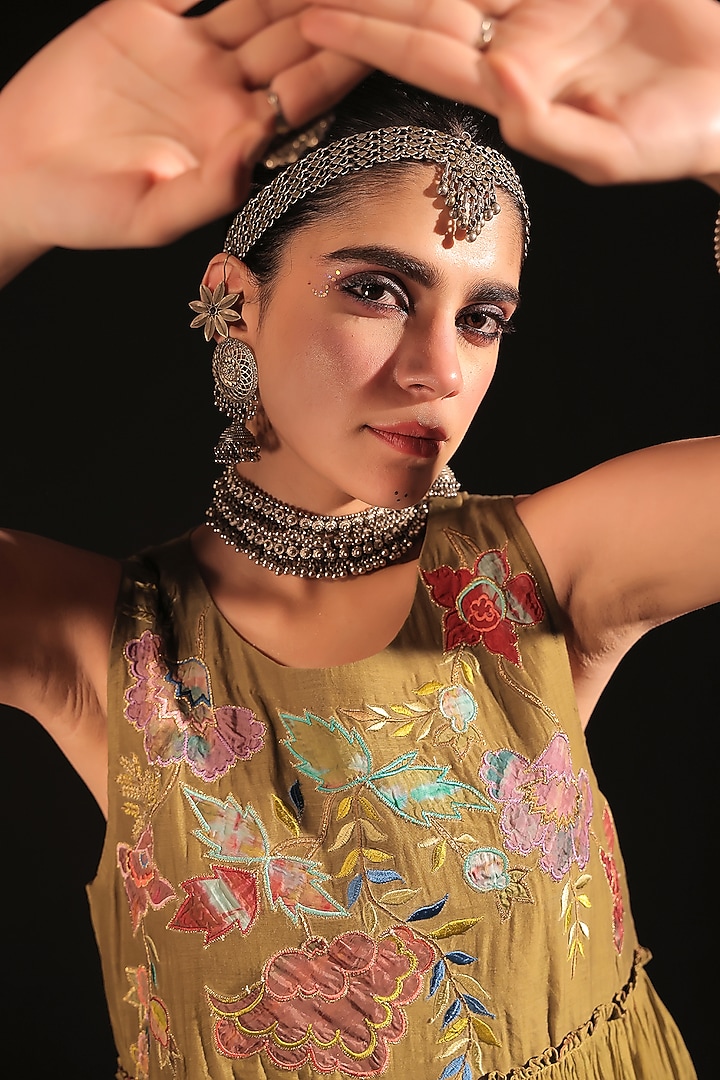 Olive Chanderi Silk Patchwork Embroidered Gathered Midi Vacation Dress by Capisvirleo at Pernia's Pop Up Shop