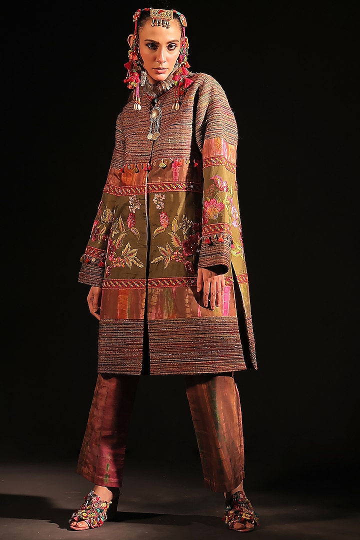 Multi-Colored Handloom Silk Embroidered Paneled Coat by Capisvirleo