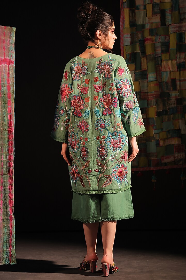 Sage Linen Embroidered Tie-Dye Coat by Capisvirleo at Pernia's Pop Up Shop