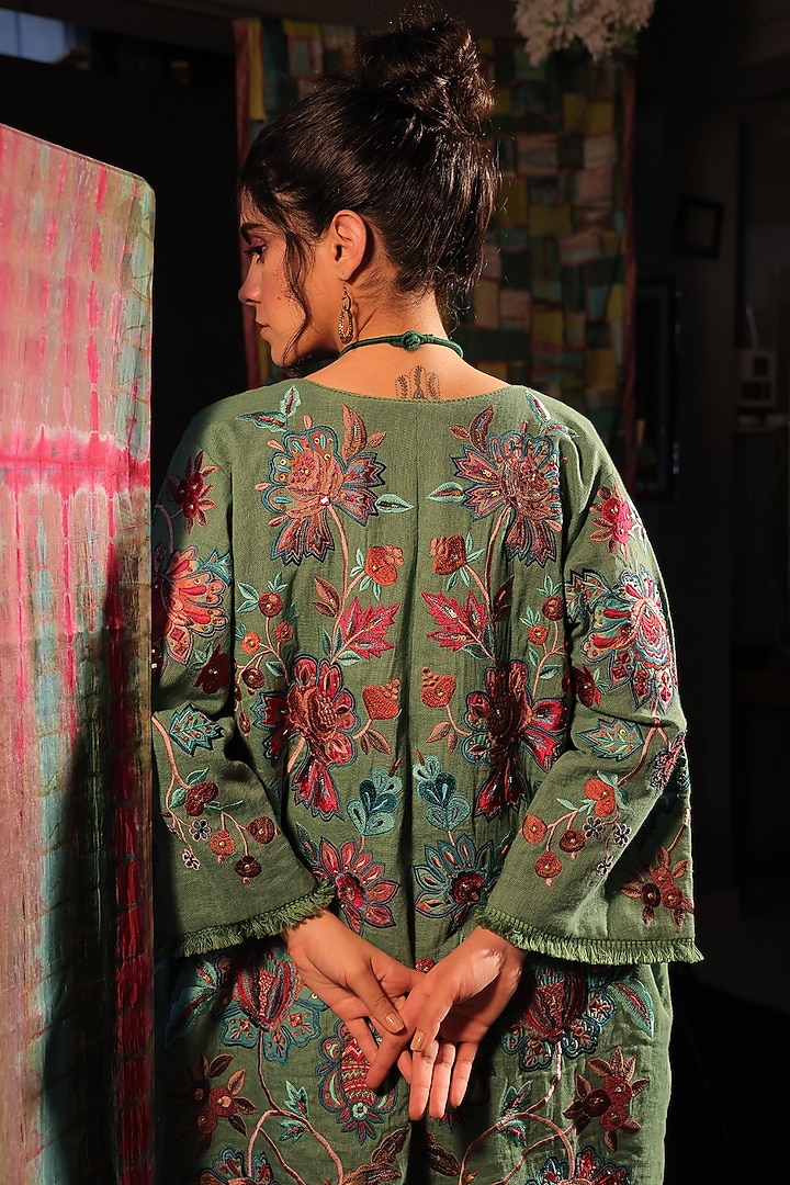 Sage Linen Embroidered Tie-Dye Coat by Capisvirleo at Pernia's Pop Up Shop
