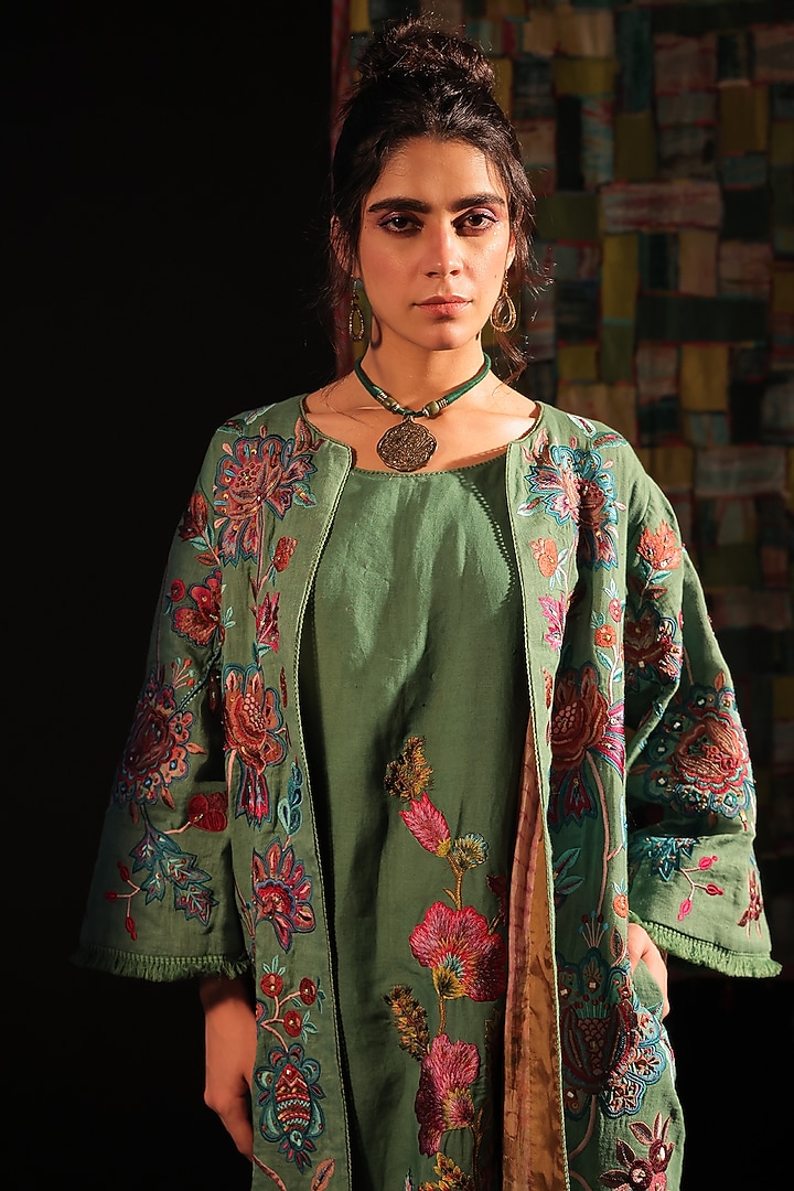 Sage Linen Embroidered Tie-Dye Coat by Capisvirleo at Pernia's Pop Up Shop