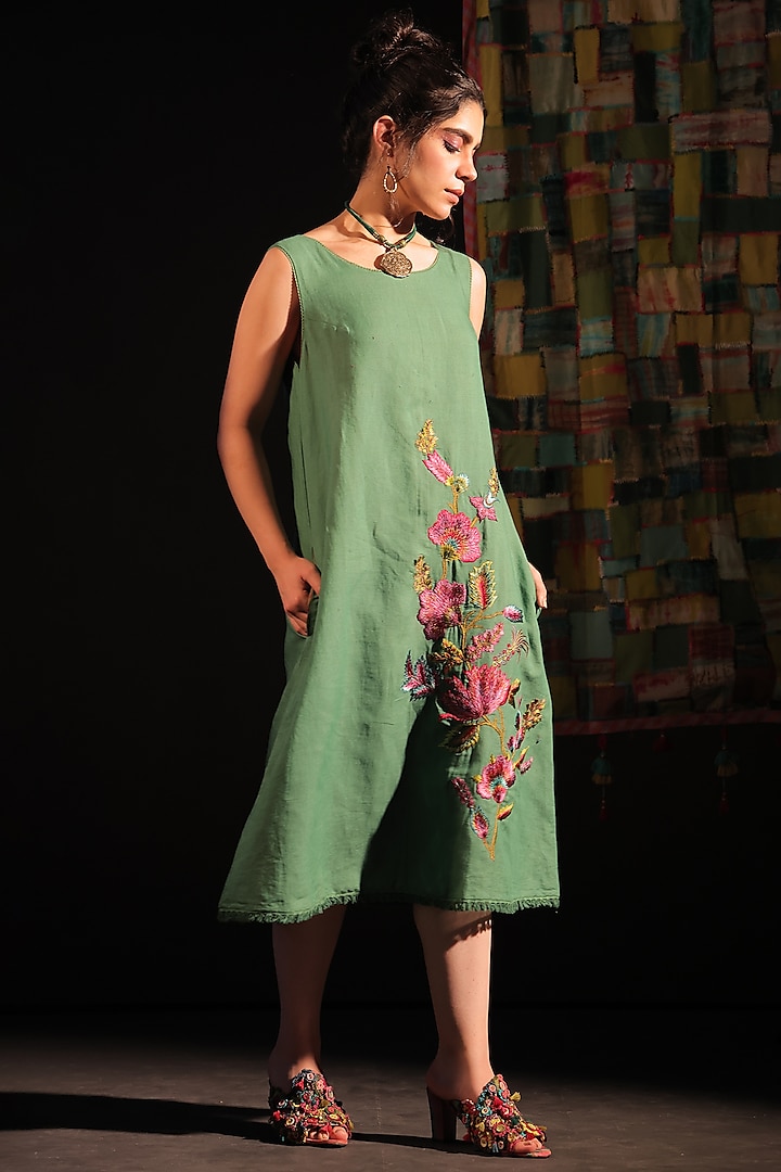 Sage Linen Machine Embroidered A-Line Sleeveless Dress by Capisvirleo
