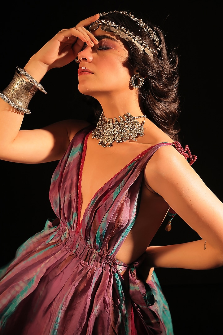 Purple & Turquoise Habutai Silk Lace Work Layered Tie-Knot Tunic by Capisvirleo at Pernia's Pop Up Shop