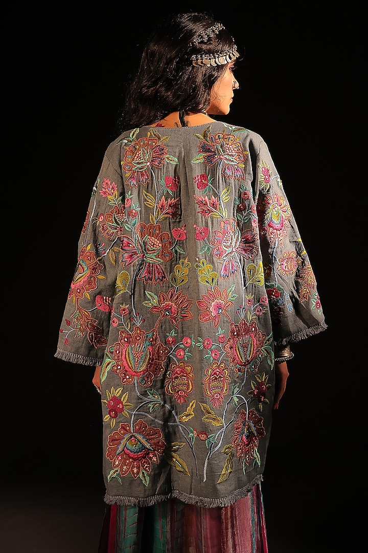 Indigo Linen Embroidered Coat by Capisvirleo at Pernia's Pop Up Shop
