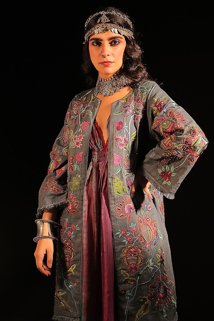 Indigo Linen Embroidered Coat by Capisvirleo at Pernia's Pop Up Shop