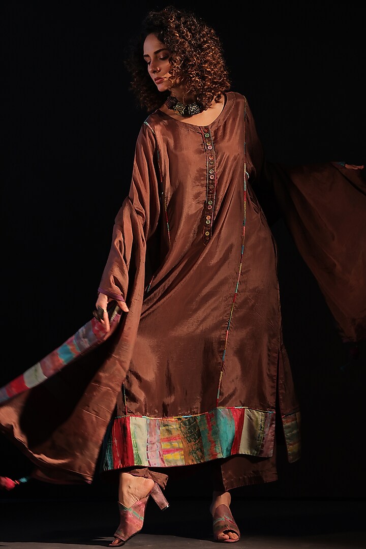 Rust Brown Habutai Silk Patchwork Embroidered Long Tunic Set by Capisvirleo at Pernia's Pop Up Shop