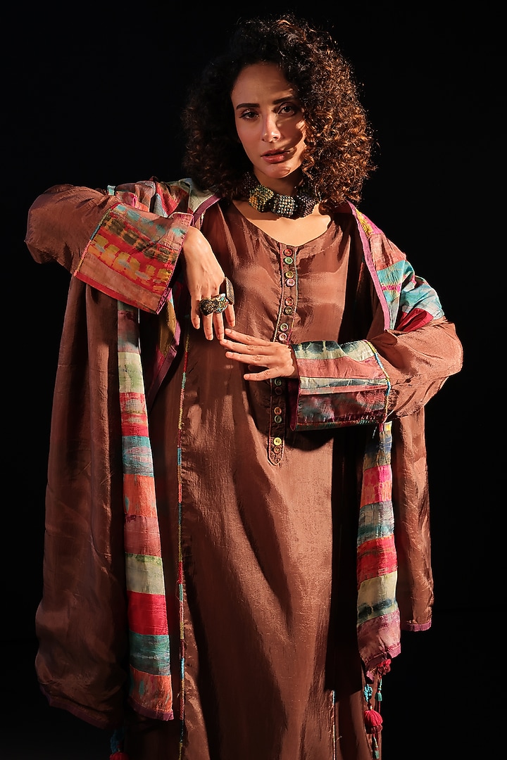 Rust Brown Habutai Silk Patchwork Embroidered Long Tunic Set by Capisvirleo at Pernia's Pop Up Shop