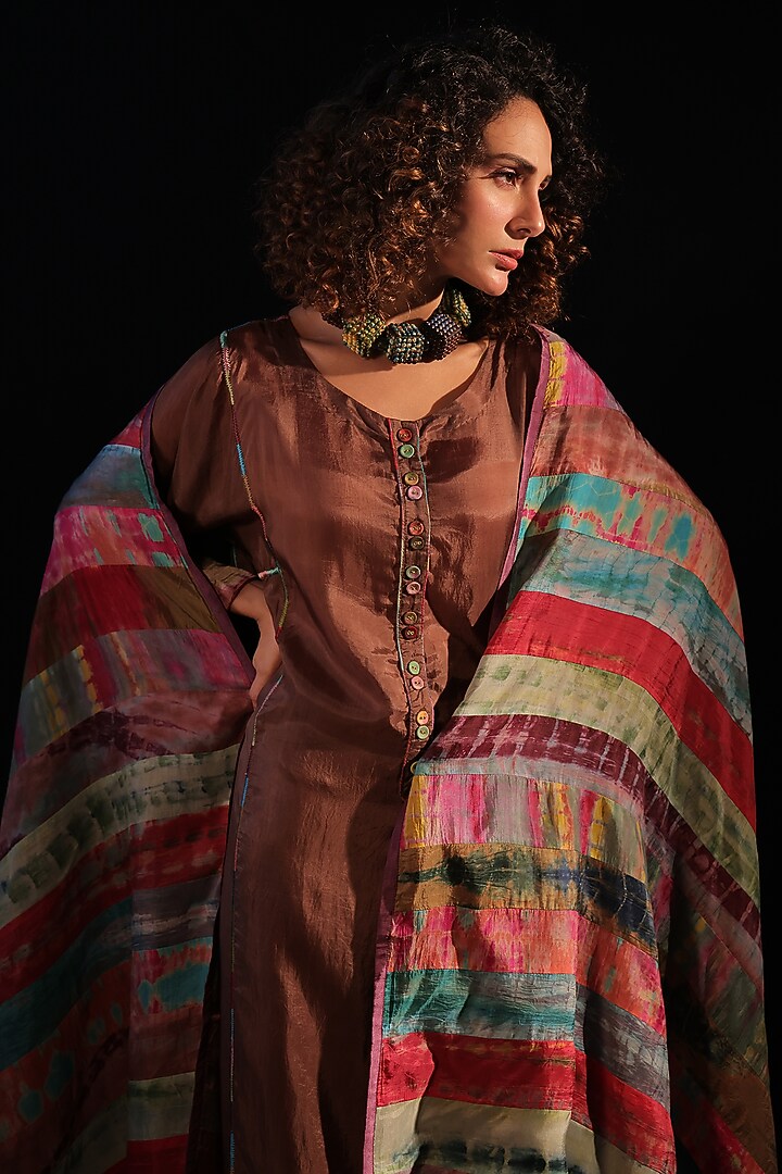 Rust Brown Habutai Silk Patchwork Embroidered Long Tunic Set by Capisvirleo at Pernia's Pop Up Shop