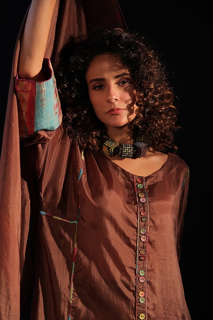 Rust Brown Habutai Silk Patchwork Embroidered Long Tunic Set by Capisvirleo at Pernia's Pop Up Shop