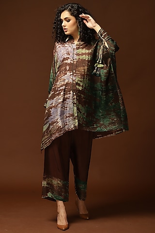 Coffee Brown & Olive Green Tie-Dyed Kaftan Set by Capisvirleo