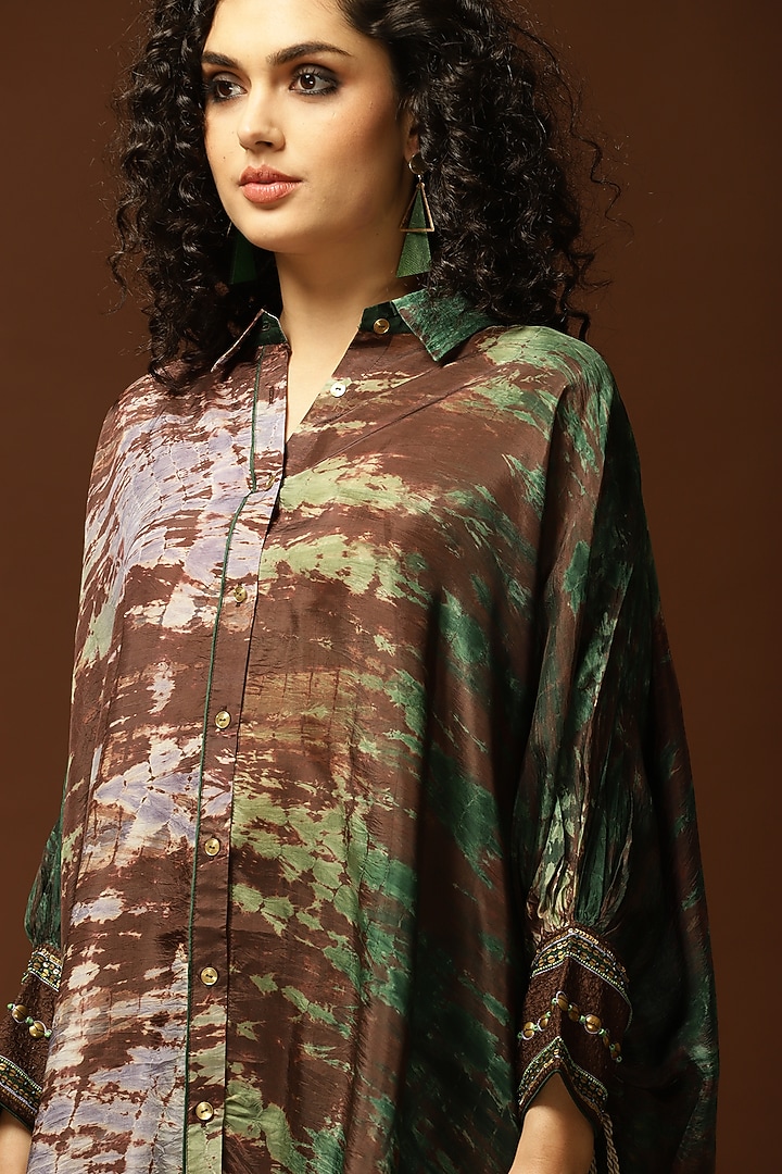 Coffee Brown & Olive Green Tie-Dyed Kaftan Set by Capisvirleo at Pernia's Pop Up Shop