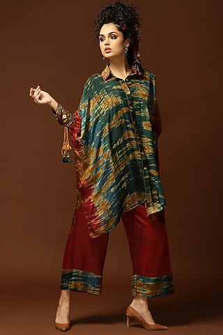 Maroon & Mustard Tie-Dyed Kaftan Set by Capisvirleo