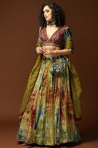 Dark Teal & Olive Green Tie-Dyed Lehenga Set by Capisvirleo
