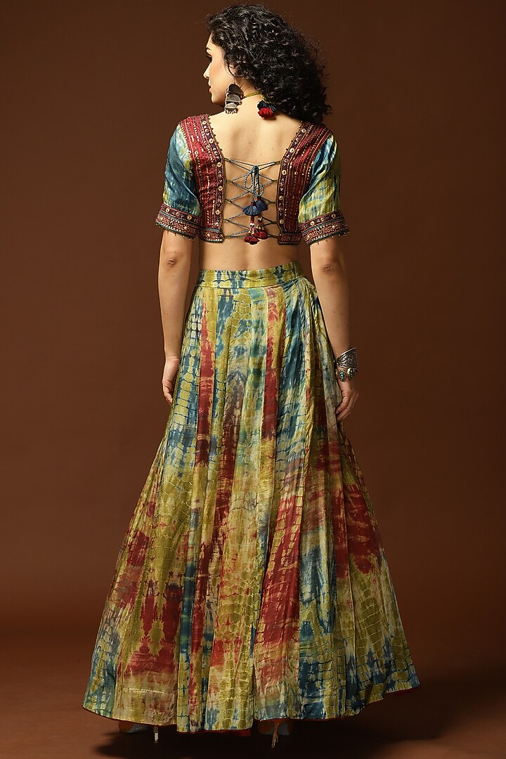 Dark Teal & Olive Green Tie-Dyed Wedding Lehenga Set by Capisvirleo at Pernia's Pop Up Shop