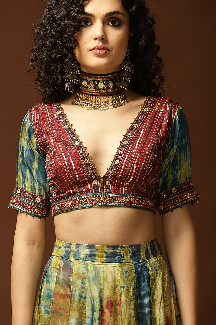 Dark Teal & Olive Green Tie-Dyed Wedding Lehenga Set by Capisvirleo at Pernia's Pop Up Shop