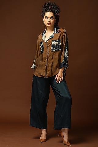 Caramel Brown Color Blocked Front-Open Shirt by Capisvirleo