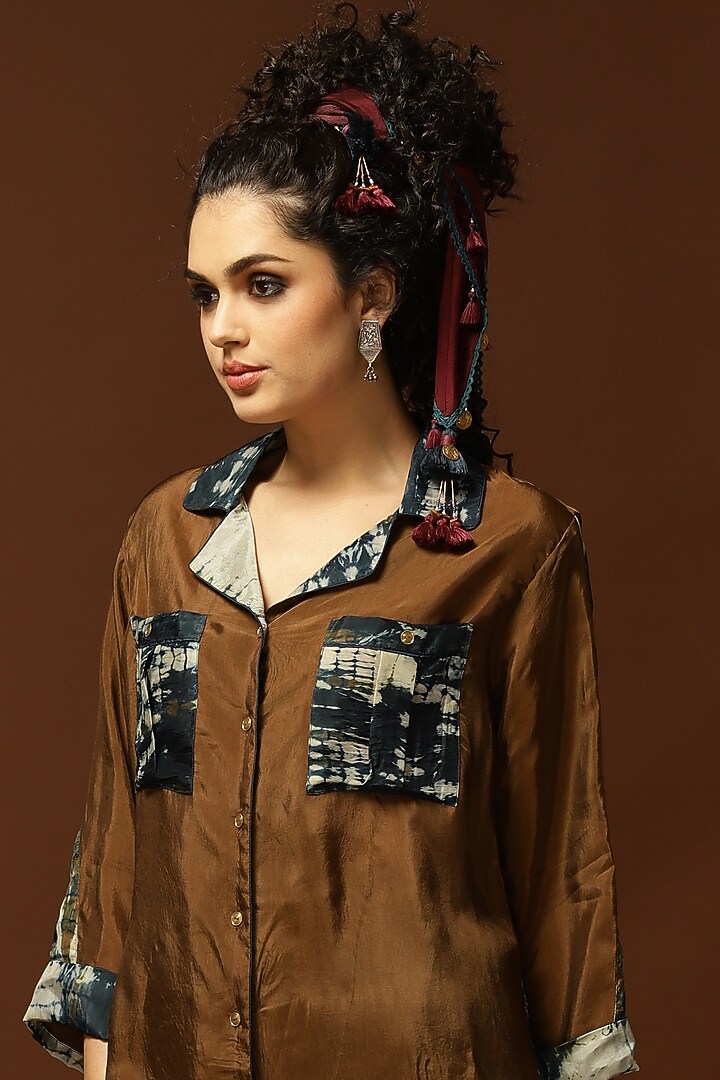 Caramel Brown Color Blocked Front-Open Shirt by Capisvirleo at Pernia's Pop Up Shop