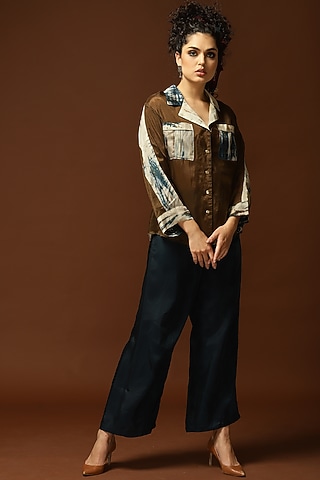 Coffee Brown & Ivory Color Blocked Front-Open Shirt by Capisvirleo