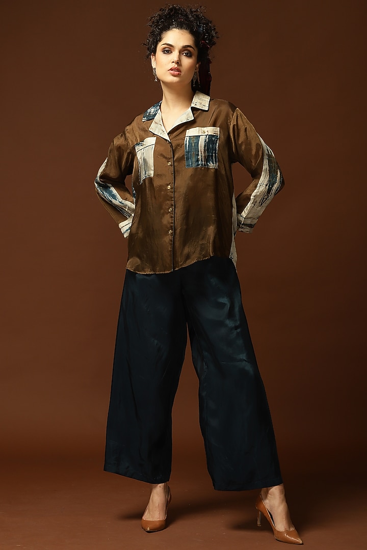 Coffee Brown & Ivory Color Blocked Front-Open Shirt by Capisvirleo at Pernia's Pop Up Shop