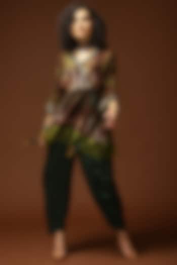 Coffee Brown & Bottle Green Habutai Silk Dhoti Set by Capisvirleo at Pernia's Pop Up Shop